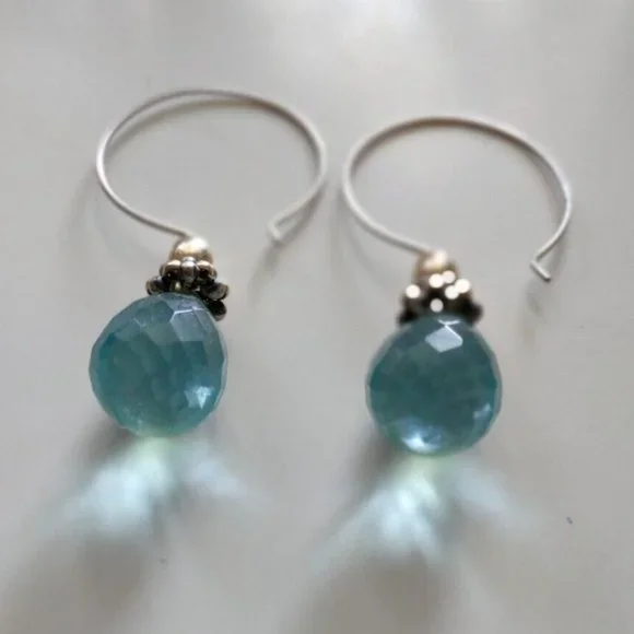 Teardrop Cut Aqua Glass Silver Hoop Dangle Earrings Approximately 2" tall - Picture 3 of 7